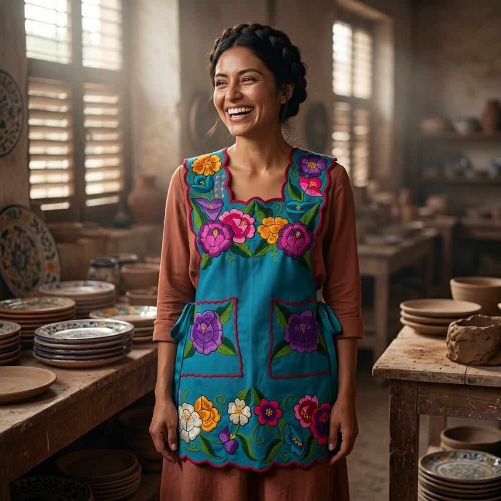 Blue Mexican Embroidered Apron Essential Cotton Kitchen Apron Floral one size